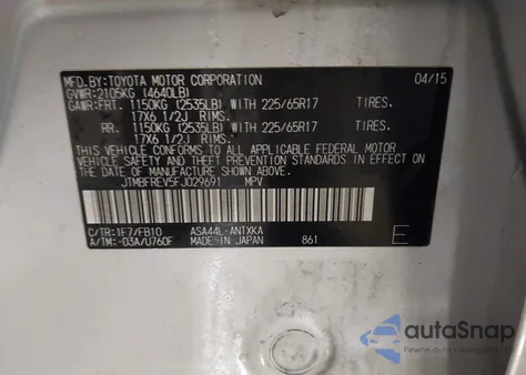 2015 Toyota Rav4 Le z USA, uszkodzony, nr VIN JTMBFREV5FJ029691